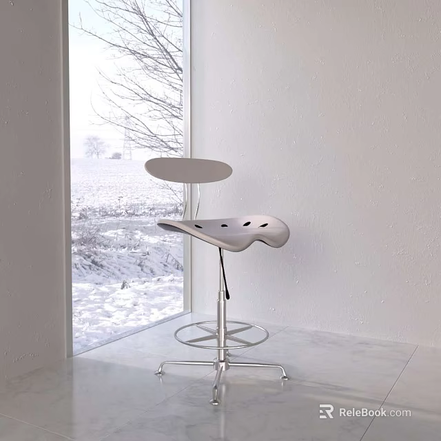 Modern Bar Stool With Gray Seat And Silver Metal Frame By Window With Snowy View 3d model 