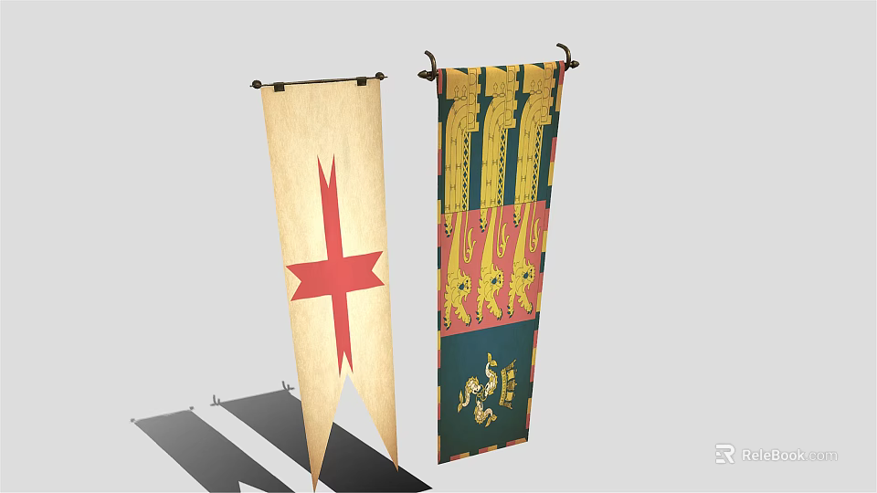 Medieval Banners With Red Cross On Cream Background And Colorful Ornate Patterns 3d model 