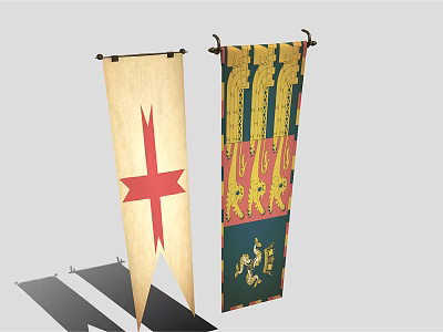 Medieval Banners With Red Cross On Cream Background And Colorful Ornate Patterns 3d model