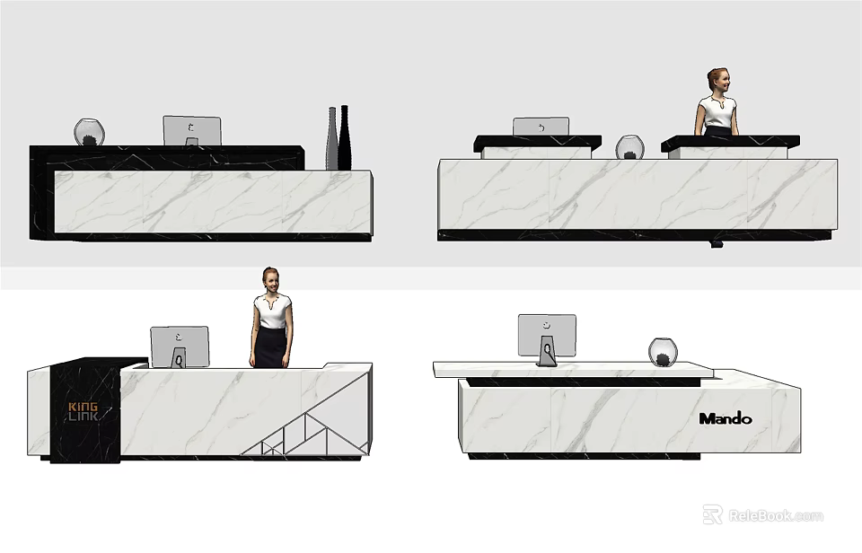 Elegant Modern Reception Desk Interior With Marble Countertop Computer Vase And Staff 3d model 