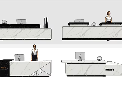 Elegant Modern Reception Desk Interior With Marble Countertop Computer Vase And Staff 3d model