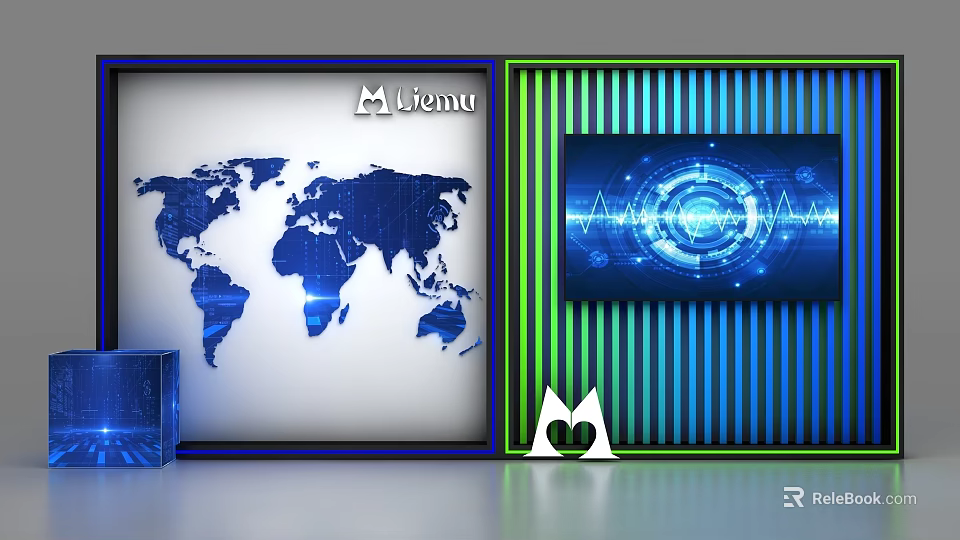 Lientu Brand Commercial Equipment With World Map Data Screen Blue Striped Background And Charts 3d model 