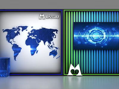 Lientu Brand Commercial Equipment With World Map Data Screen Blue Striped Background And Charts 3d model