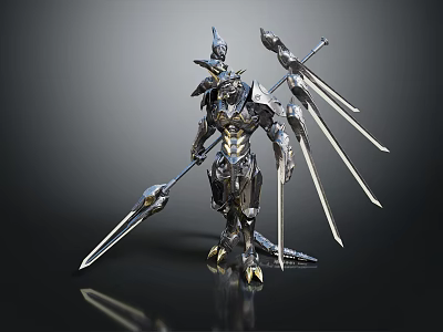 Game Movie Character With Metallic Armor Spear Weapon And Dark Background Design 3d model