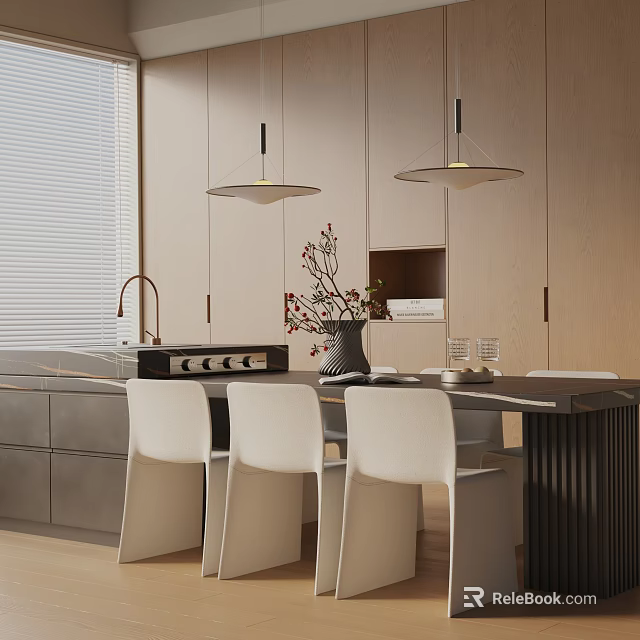 Modern Dining Table Set With White Chairs Pendant Lights And Vase Decor 3d model