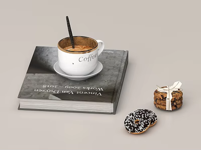 White Coffee Cup With Coffee On Thick Book And Two Chocolate Donuts 3d model
