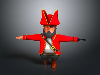 Pirate Man In Red Coat With Black Eye Patch Pirate Hat Beard And Outstretched Arms 3d model