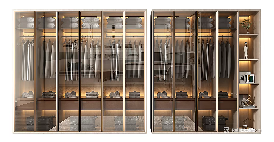 Elegant Modern Wardrobe Interior With Glass Doors Hanging Clothes And Storage 3d model 