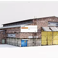 Industrial Factory Building With Red Brick Structure Yellow Doors Blue Entrance And Gray Metal Roof