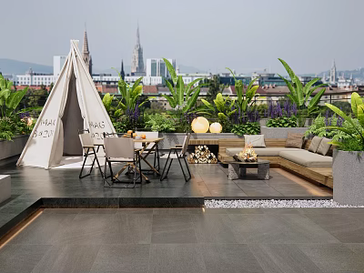 Cozy Roof Garden With White Tent Table Chairs Green Plants And City View 3d model