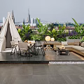 Cozy Roof Garden With White Tent Table Chairs Green Plants And City View