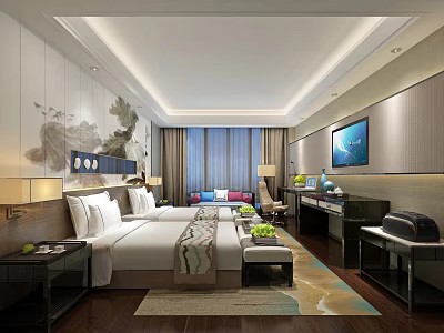 Modern Hotel Guest Room With Large Bed Sofa TV And Decorative Wall Art 3d model