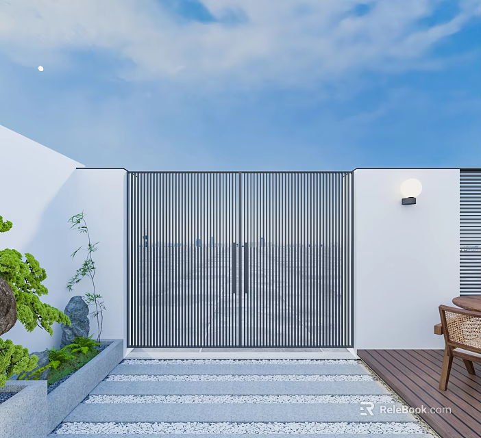 Serene Garden Entrance With White Walls Metal Slatted Gate Stone Paved Path And Green Plants 3d model 