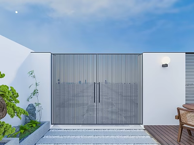 Serene Garden Entrance With White Walls Metal Slatted Gate Stone Paved Path And Green Plants 3d model