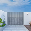 Serene Garden Entrance With White Walls Metal Slatted Gate Stone Paved Path And Green Plants
