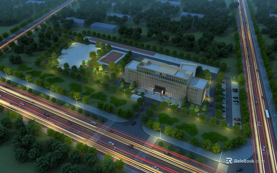 Modern Well Lit Office Building Surrounded by Green Trees Lawns Roads and Parking Spaces 3d model 
