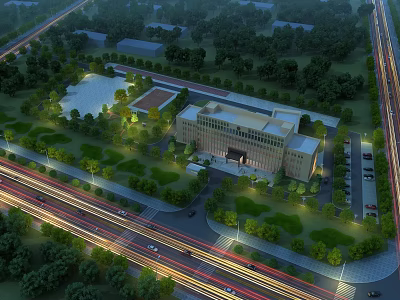 Modern Well Lit Office Building Surrounded by Green Trees Lawns Roads and Parking Spaces 3d model