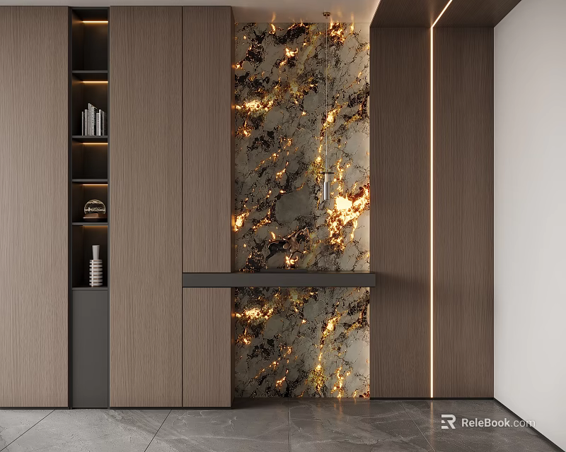 Modern Entryway Hallway With Wooden Panels Marble Accent Wall Console Table And Lighting Strips 3d model 