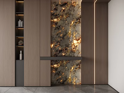 Modern Entryway Hallway With Wooden Panels Marble Accent Wall Console Table And Lighting Strips 3d model