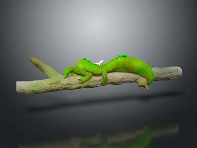 Green Caterpillar Lying On Natural Branch With White Accents And Details 3d model