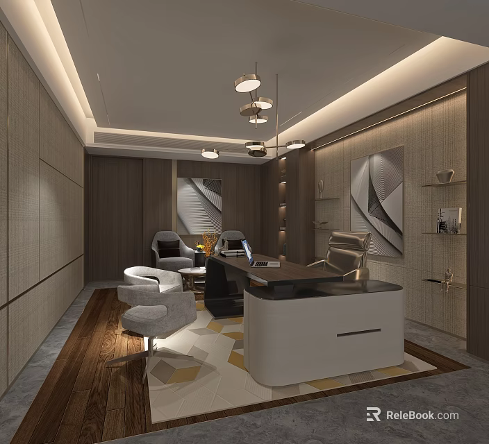 Elegant Modern Office Interior Design With Wooden Walls Desk Chairs Pendant Lighting And Artwork 3d model 