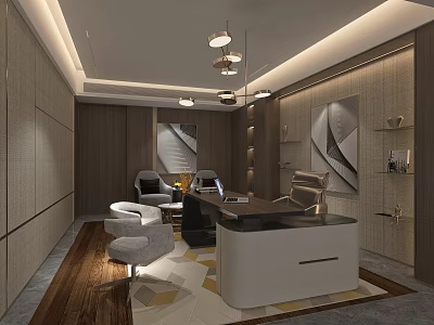 Elegant Modern Office Interior Design With Wooden Walls Desk Chairs Pendant Lighting And Artwork 3d model