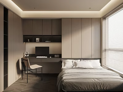 Modern Minimalist Bedroom Interior With Bed Desk Wardrobe And Natural Light 3d model