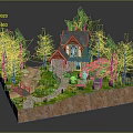 Cartoon Scene With Cozy Small House Tall Green Trees Stone Pathway Lush Lawn And Decorations