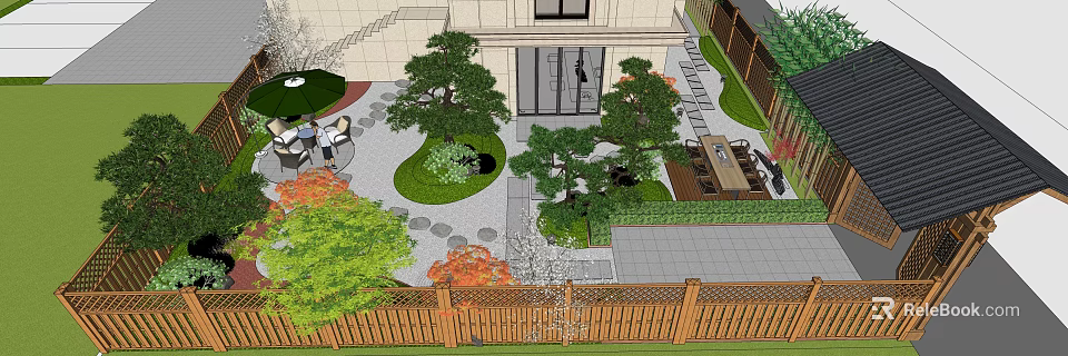 Traditional Garden Landscape Design with Pine Trees Stone Path Wooden Fence and Outdoor Seating 3d model 