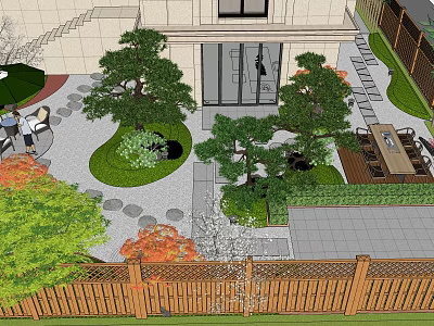 Traditional Garden Landscape Design with Pine Trees Stone Path Wooden Fence and Outdoor Seating 3d model