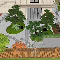 Traditional Garden Landscape Design with Pine Trees Stone Path Wooden Fence and Outdoor Seating