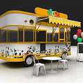 Pizza Food Truck With Yellow Awning Panda Designs Chairs Table Chalkboard Menu And Colorful Balloons