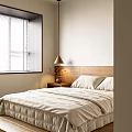 Minimalist Bedroom Interior Design With Wooden Headboard Linen Bedding And Window Blinds