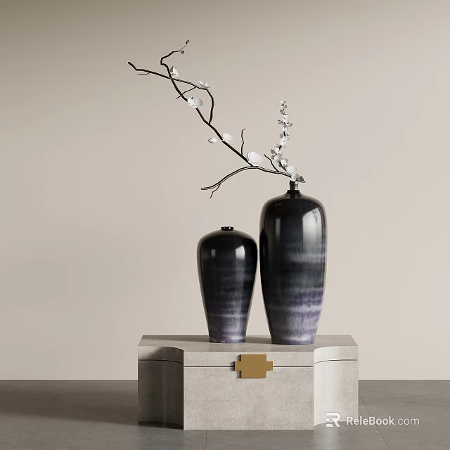 Elegant Dark Vases With White Flower Branches On Light Colored Stand 3d model