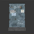 Blue Electrical Appliances Cabinet With Graffiti Stickers And Warning Signs