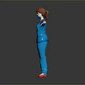 3D Character In Blue Uniform With Face Mask Red Hair And Red Shoes Arms Outstretched