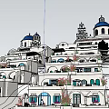 Santorini Style White Buildings With Blue Domes Palm Trees And Flowers On Hillside