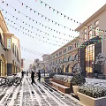 Snow Covered Commercial Street With Colorful String Lights Pedestrians Bicycle And Arched Window Buildings