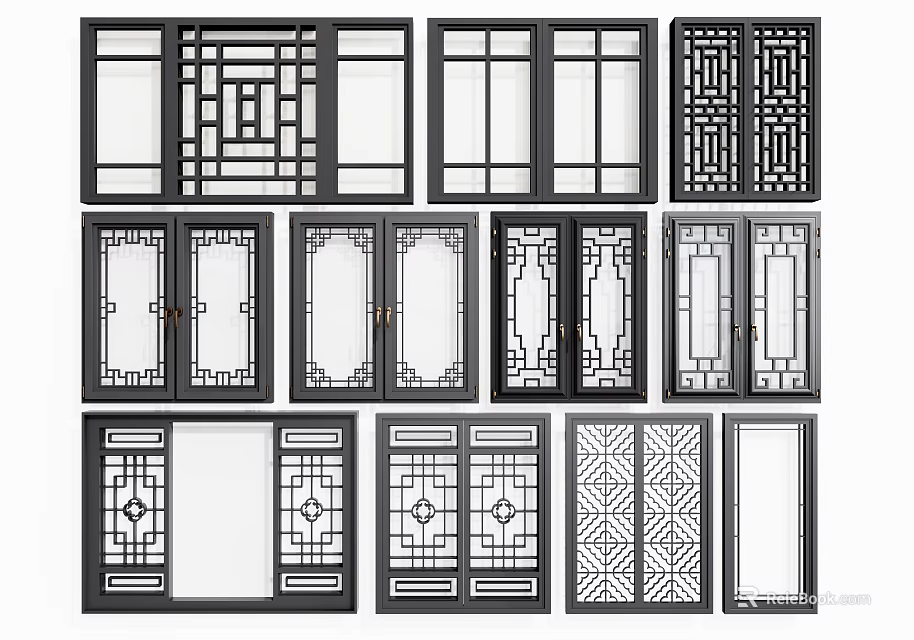 Chinese Traditional Lattice Screen Designs With Various Patterns And Black Frames 3d model