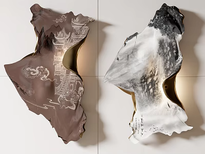 Artistic Wall Decorations With Carved Landscape Patterns In Brown And White Tones And Lighting Effects 3d model