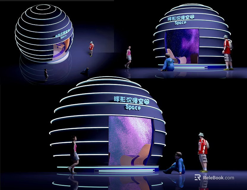 Spherical Memory Space Art Installation With Interactive Display And People Exploring 3d model 