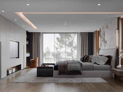 Modern Bedroom Interior Design With Large Bed Dark Curtains And Wooden Flooring 3d model
