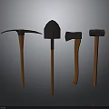 Four Different Weapons With Wooden Handles And Metal Heads On