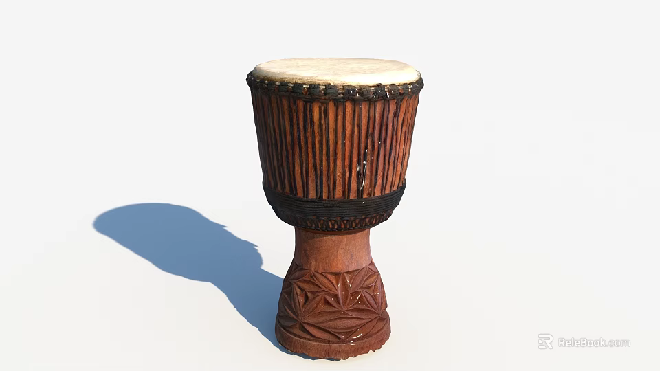 Traditional Wooden Musical Instrument Djembe With Carved Base Woven Design And White Drumhead 3d model 