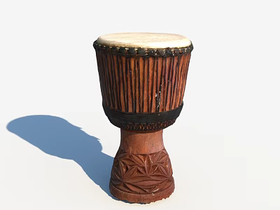 Traditional Wooden Musical Instrument Djembe With Carved Base Woven Design And White Drumhead 3d model