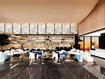 Modern Hotel Public Lounge With Marble Wall Bookshelves Sofa Seating And Sunset View 3d model