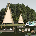 Night Garden Landscape With White Tipi Tents Green Trees Lawn And Light Blue Caravan