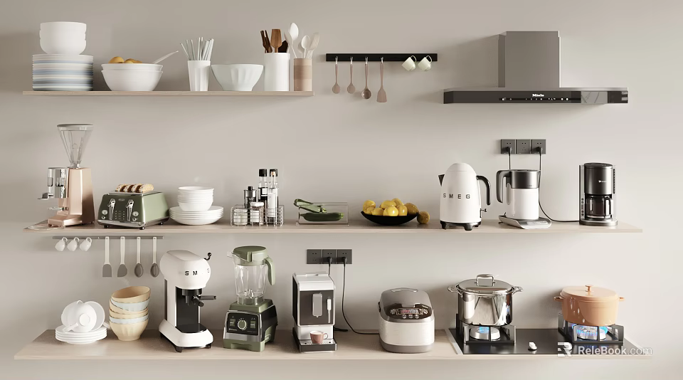 Modern Essential Kitchen Appliances On Countertop With Coffee Maker Blender Toaster Rice Cooker 3d model 