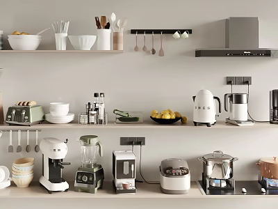 Modern Essential Kitchen Appliances On Countertop With Coffee Maker Blender Toaster Rice Cooker 3d model
