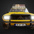 Vibrant Yellow Off Road Vehicle With Roof Cargo Carrier Headlights On And Rugged Tires